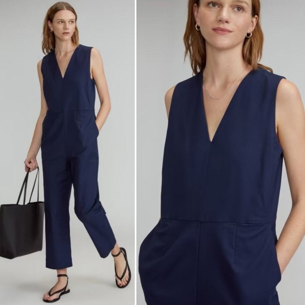 Everlane Navy Structured Cotton Jumpsuit Size 4 New Sleeveless V-Neck Slim Fit